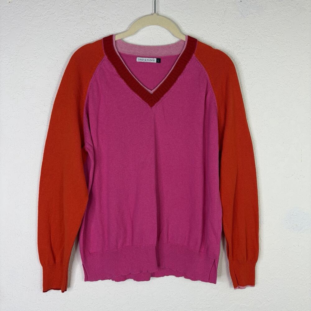 Zaket & Plover Color Block V-neck Sweater Size L, cotton/cashmere, preppy, chic